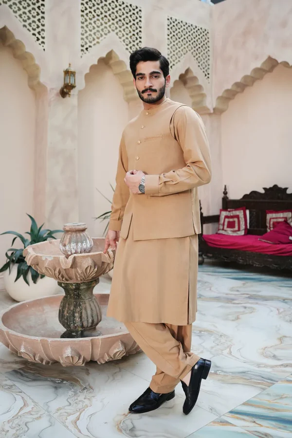 Khaki Kameez Shalwar with Waist Coat